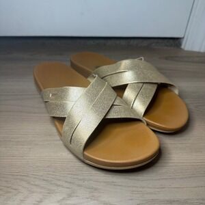 Reef Cushion Spring Bloom Gold Metallic Cross Strap Slide Sandals Womens 10
